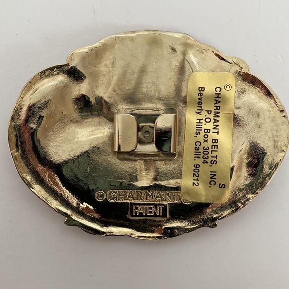 Vintage Charmant Belt Buckle Beverly Hills Ca. Pink Enamel Crane Design - Picture 2 of 8